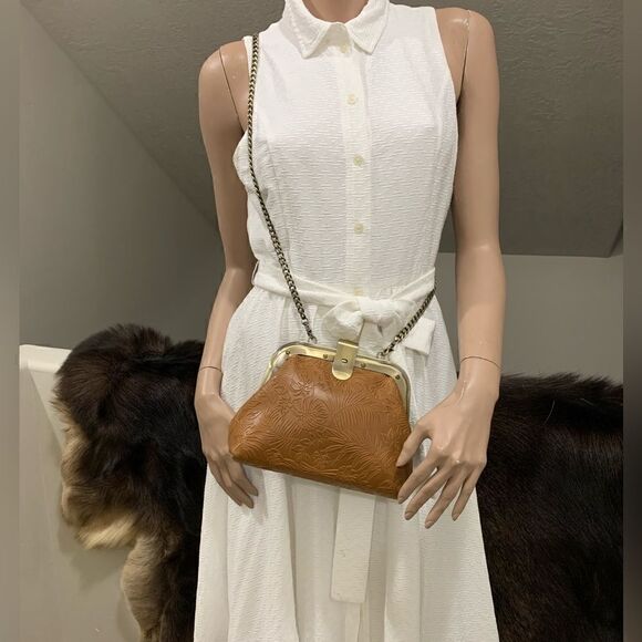 Handmade Genuine Leather Embossed Leaves Chic Metal Frame Shoulder Bag/Crossbody - Picture 7 of 16